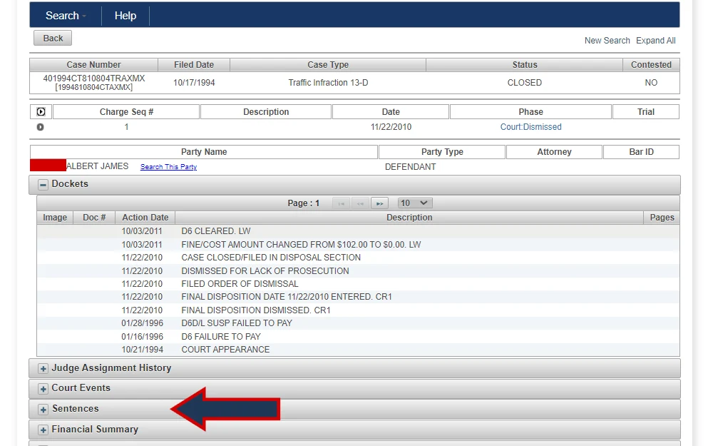 A screenshot of case details from the Madison County Clerk of the Circuit Court & Comptroller website shows detailed information, including basic case details, dockets, court events, sentences, and a financial summary.