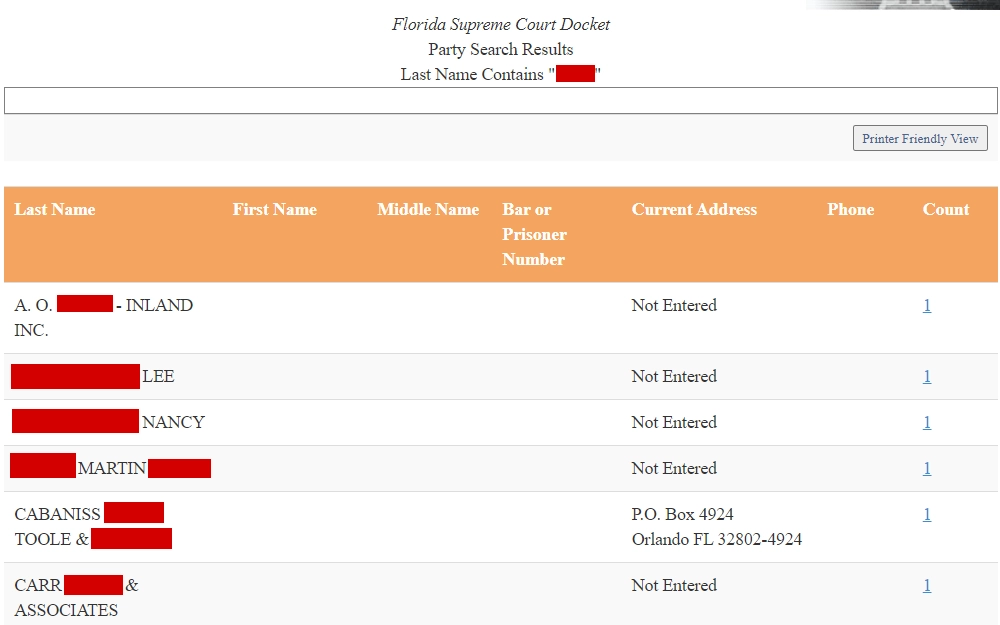 A screenshot of the Florida Supreme Court Docket shows a list of cases with detailed information, including the full name or business name of the subject, their bar or prisoner number, current address, phone number, and case count.
