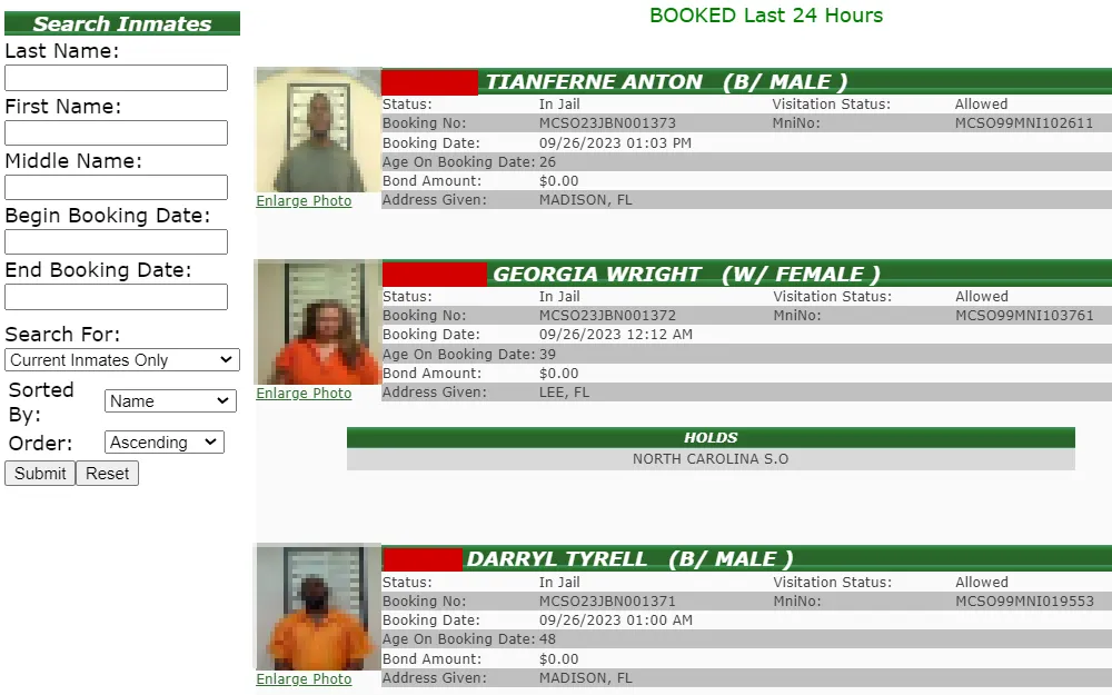 A screenshot of the inmate search page from the Madison County Sheriff's Office Website shows the required field to search, which requires the user to input the last name, first name, and middle name of the inmate, as well as their booking dates, along with the list of inmates who where booked within 24 hours; searchers have the option to sort the results from a dropdown menu.