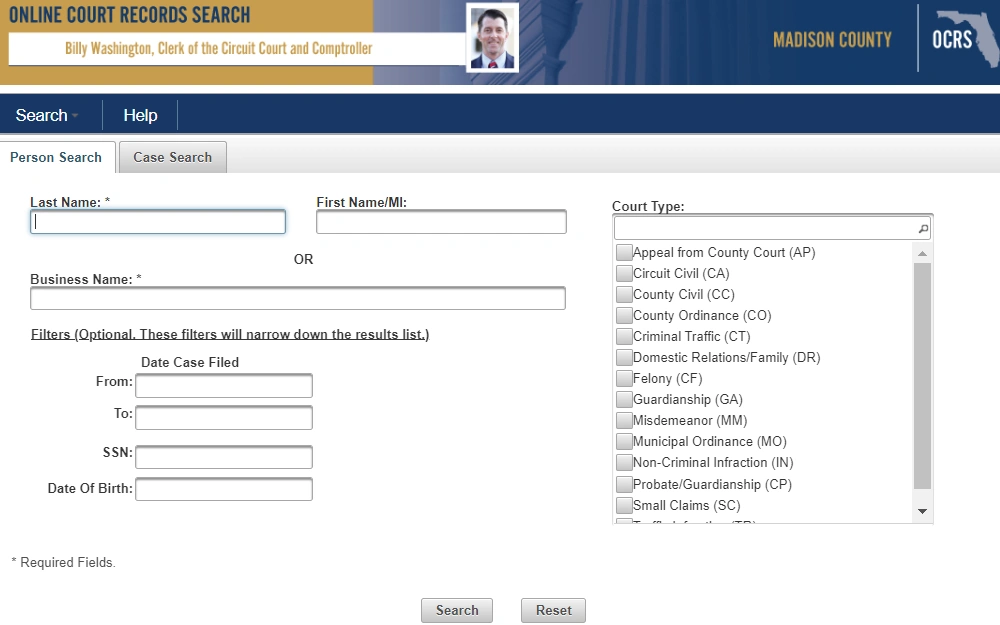 A screenshot of the Online Court Records Search page from the Madison County Clerk of the Circuit Court & Comptroller Website shows the two search options: Full Name or Business Name, with an optional filter to narrow the results, which includes date case filed, social security number, and date of birth.