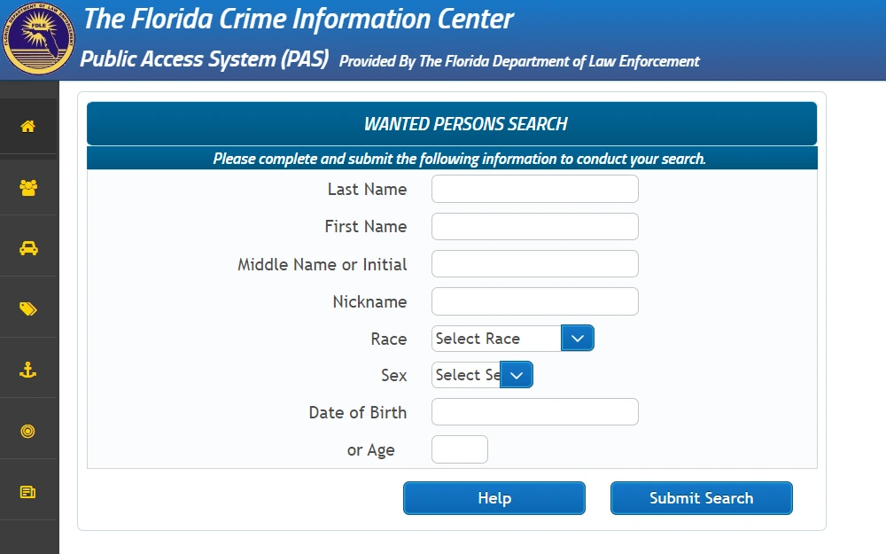 A screenshot of the wanted person search page from the Public Access System (PAS) provided by the Florida Department of Law Enforcement, where the searcher must input the offender's full name, nickname, DOB or age and select from a dropdown menu race and sex to search for current warrants.