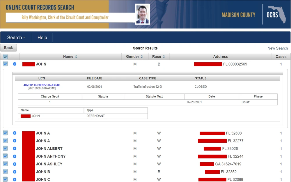 A screenshot from the Madison County online court records search portal displays a list of individuals named John Smith with various middle initials, including details such as gender, race, address, and number of cases, with one case expanded to show information about a closed traffic infraction.
