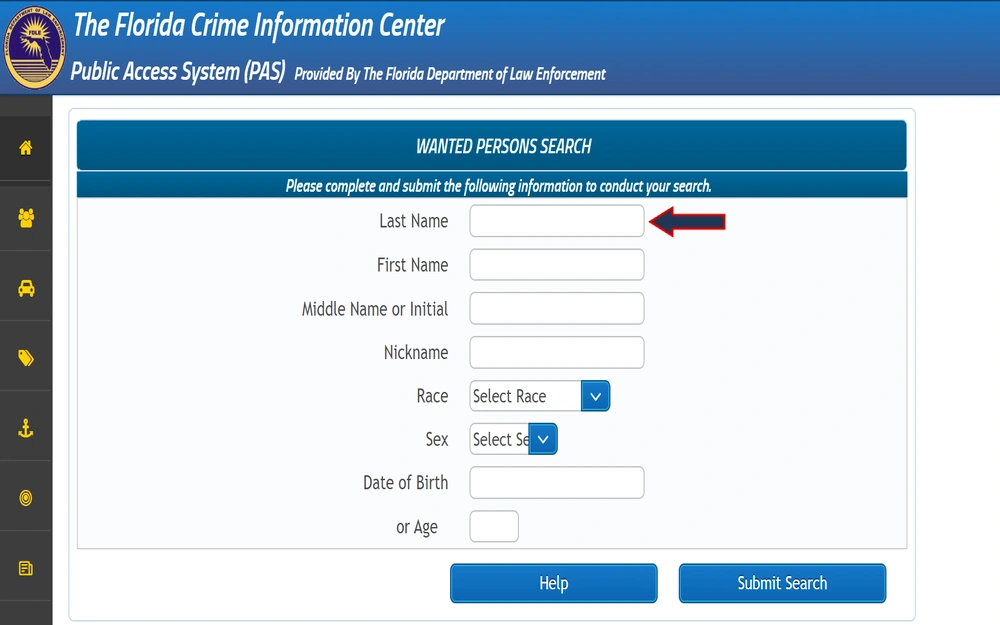 A screenshot of the Florida Crime Information Center's public access system interface for conducting a wanted persons search, featuring a form with fields for last name, first name, middle name or initial, nickname, race, sex, and date of birth or age.
