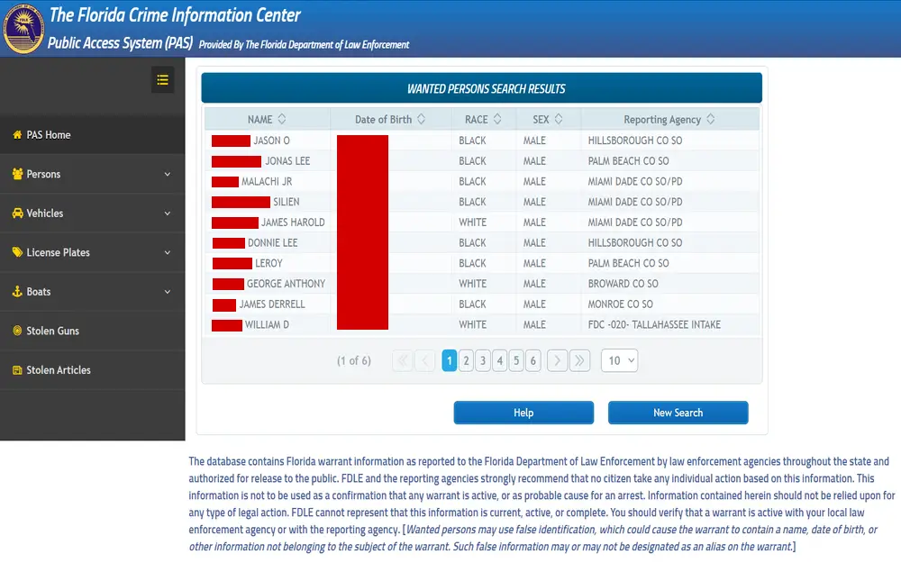 A screenshot of the Florida Crime Information Center Public Access System showing a database search result page for wanted persons, listing individuals by name, date of birth, race, sex, and the reporting agency, with certain personal information redacted for privacy.