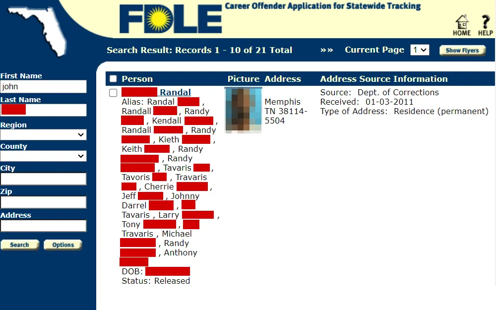 A screenshot of the career offenders search results from the Florida Department of Law Enforcement displays an inmate's name, aliases, mugshot, address, source, received date, and type of address.