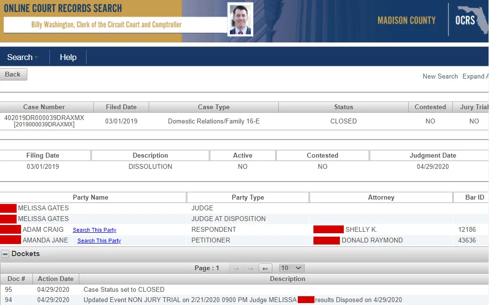 A screenshot of a dissolution case from Madison County Clerk of the Circuit Court and Comptroller's search tool shows the case number, filed date, case type, status, description, names of parties, party type, and dockets.